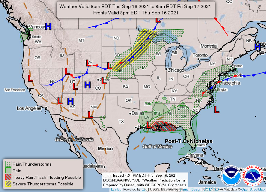 Weather Prediction Center Map with Post-Tropical Cyclone Nicholas Effects and Warnings. NOAA Graphic.