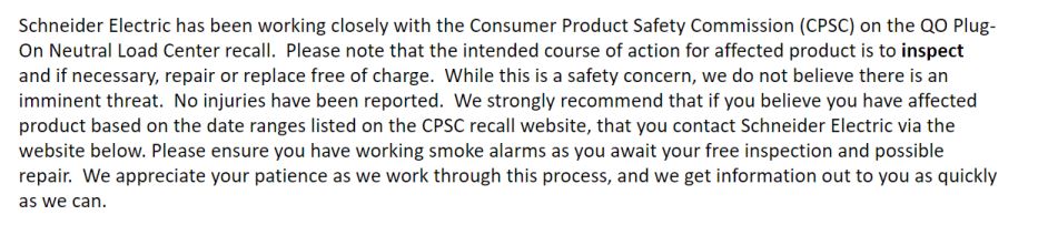 Schneider Electric's Safety Statement Regarding the Recall