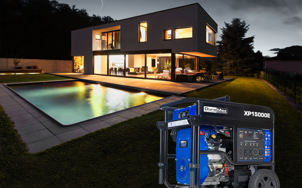 DuroMax Generator in the foreground with a home and swimming pool behind. Lightning flashes in the background.