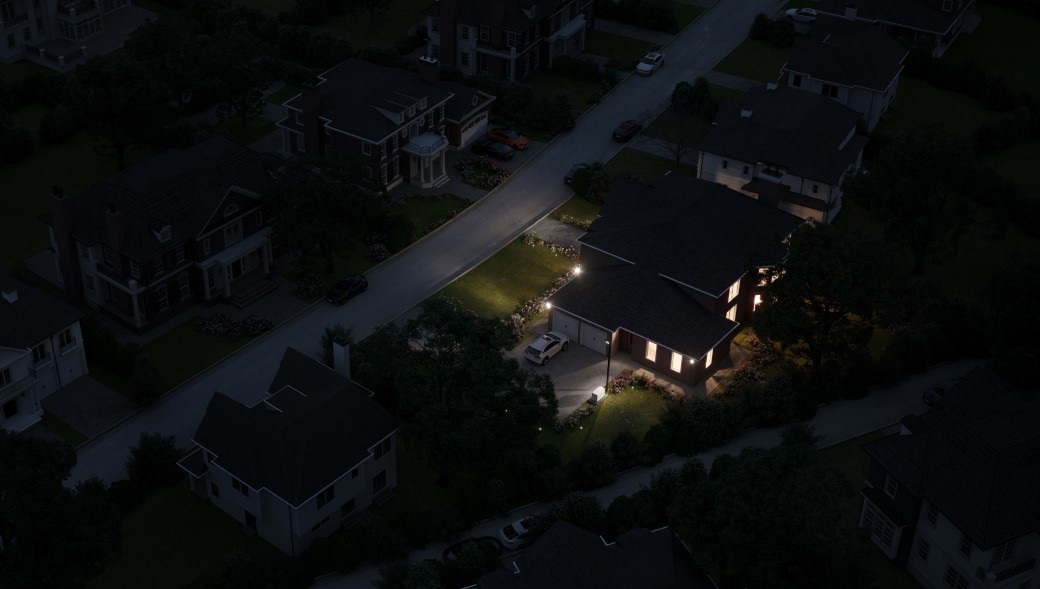 A neighborhood without power. One home has lights and power from a Generac Home Generator