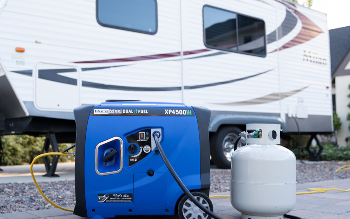 The RV Ready DuroMax XP4500iH Portable Inverter Generator Connected to a Travel Trailer RV