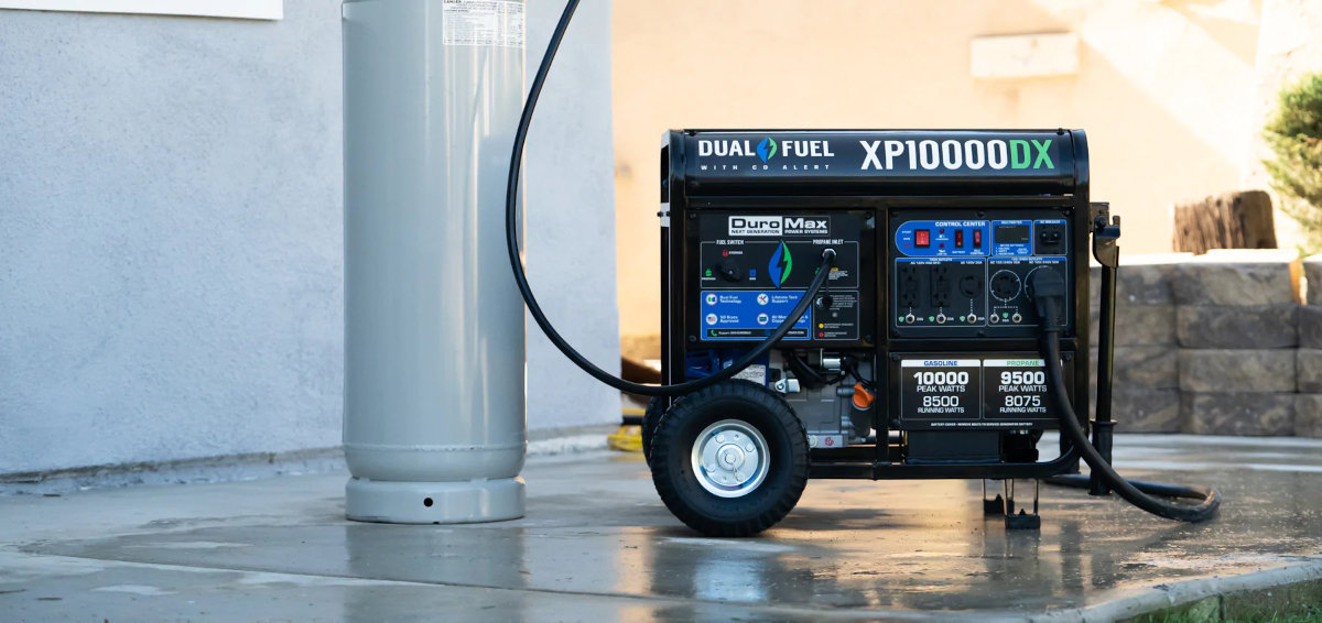 The DuroMax XP10000HX Connected to a 100-Pound LP Propane Tank for Home Backup