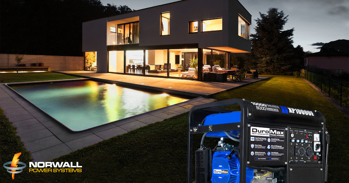 A DuroMax Generator sits away from a home with a pool while providing backup power during an outage.