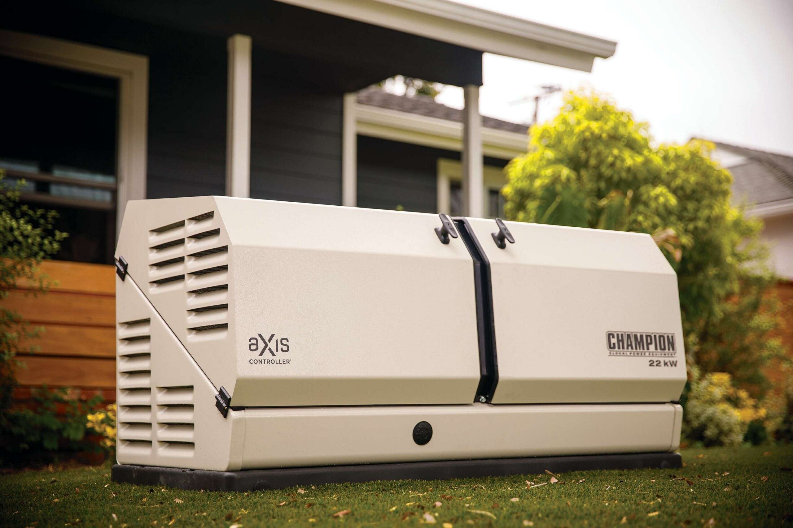 Champion 22kW Home Standby Generator Installed in the Backyard of a Home