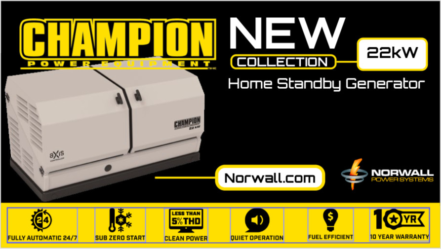 Norwall PowerSystems Adds Champion 22kW to Home Standby Line