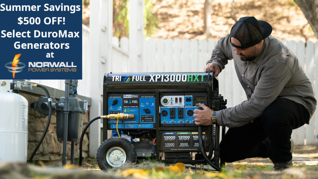 DuroMax Kickoff Summer Savings on DuroMax Generators with up to $500 Off Select Models. An XP13000HXT Tri-Fuel Generator Connected to Propane, but ready for connection to Natural Gas, as a man plugs in a heavy duty Generator Cord for Connection to a Manual Transfer Switch for Home Backup