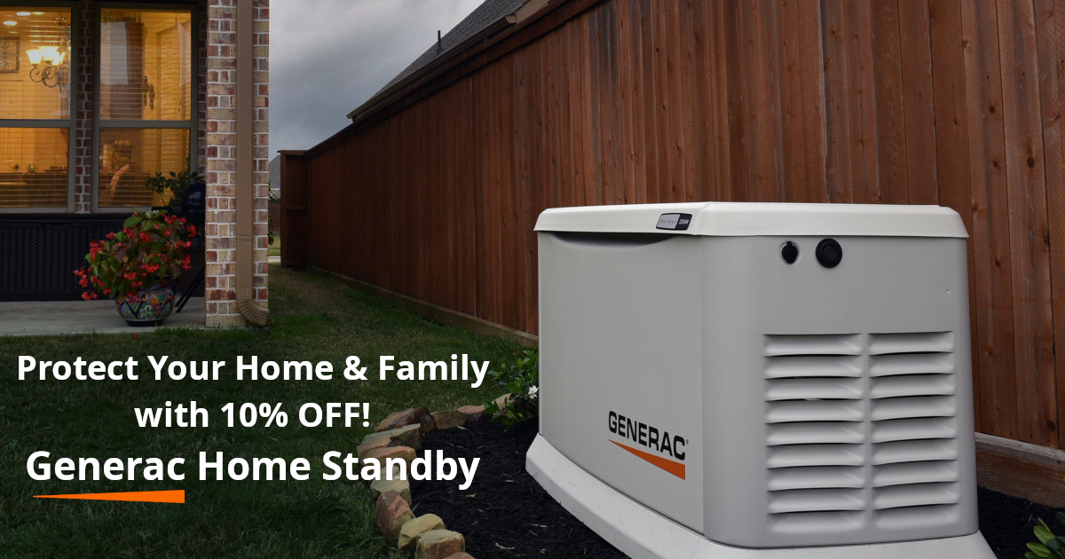 A Generac Home Standby Generator installed along a backyard wooden fence surrounded by colored bricks and landscaping Text Reads "Protect Your Home & Family with 10% Off Generac Home Standby"