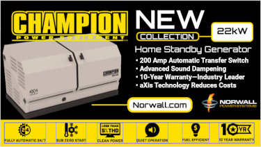 Champion 22 kilowatt home standby generator promotion image with Norwall Logo. Text: Fully automatic, sub zero start, clean power 5% THD, Quiet operation, Fuel Efficient, 10-Year Warranty