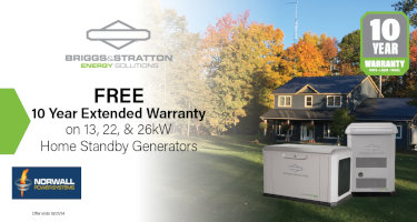 A two story home with a front porch sits on an expansive green lawn, trees with fall colored leaves behind it and a blue sky. In the background, a radio tower rises above the trees. In the foreground are two Briggs & Stratton standby generators. Center left, below the Briggs & Stratton logo, promotional text reads, "FREE 10 Year Extended Warranty on 13, 22, & 26kW Home Standby Generators. Offer ends 10/21/24." "10 Year Warranty Covers Parts Labor Travel."