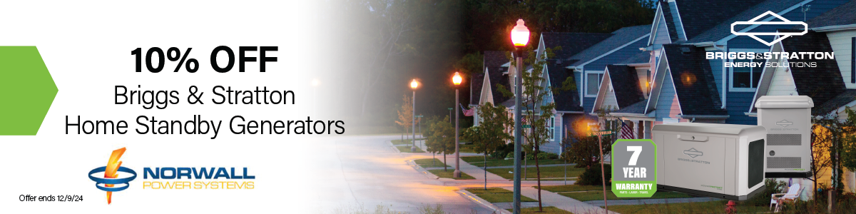 Sale Banner 10% Off Briggs & Stratton Home Standby Generators Neighborhood scene on a street with houses at dusk, trees in the background. Homes have lights and streetlamps are glowing. Briggs and Stratton Generator in the foreground. Text Reads, 10% Off Briggs and Stratton Home Standby Generators. 7-Year Warranty