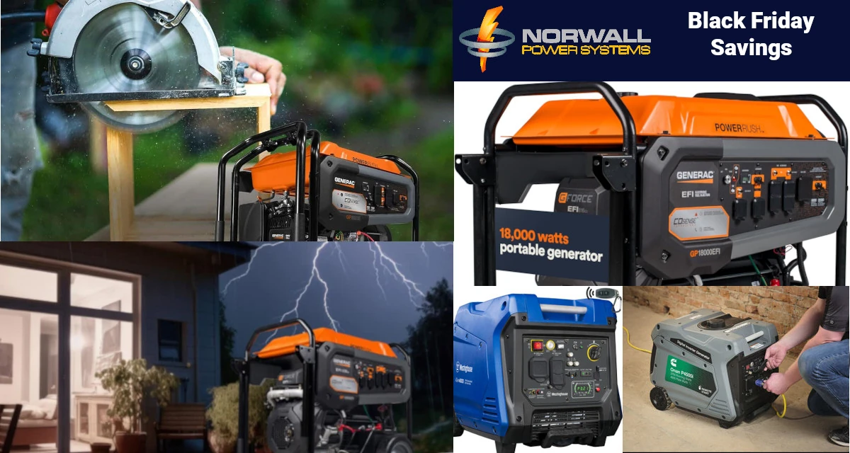 Collage of Generator Brands. Text Reads: Norwall Power Systems Black Friday Savings