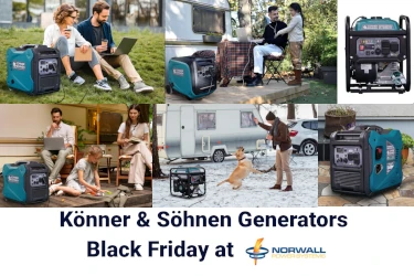 A collage of Könner & Söhnen Generators Outdoors with RVs. Family, Playing with Dog in the snow, Father Daughter, Couple on a Lawn, Patio Placement.