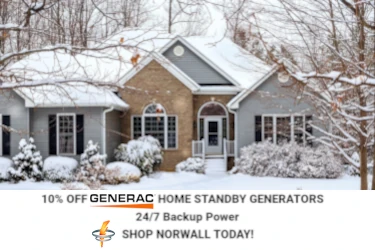 A single-story home with gray siding, black shutters, and a brick front entryway is surrounded by trees and landscaping after a winter snowfall covered everything in several inches of snow. Text below reads, 10% Off Generac Home Standby Generators. 24/7 Backup Power. Shop Norwall Today. The Norwall Logo preceded the shop Norwall text.